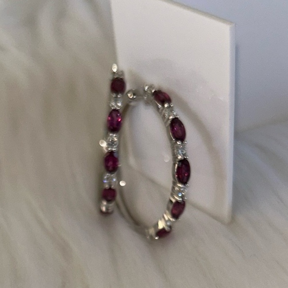 New Raspberry Rhodolite and Zircon Hoop Earrings - Picture 3 of 4